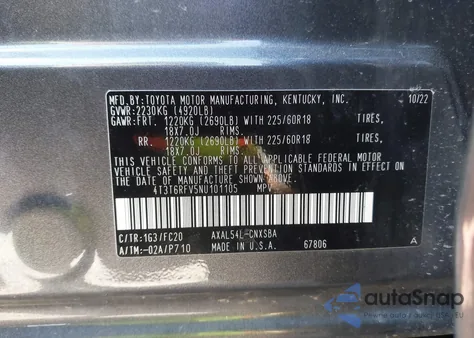 2022 Toyota Rav4 Hybrid Se из США, поврежденный, VIN 4T3T6RFV5NU101105